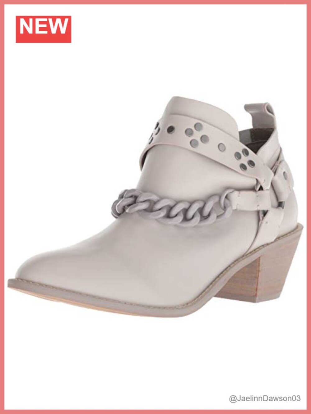 Genuine Leather Ankle Bootie Round Toe Pull-On Chain Detail Mid Block Heel
